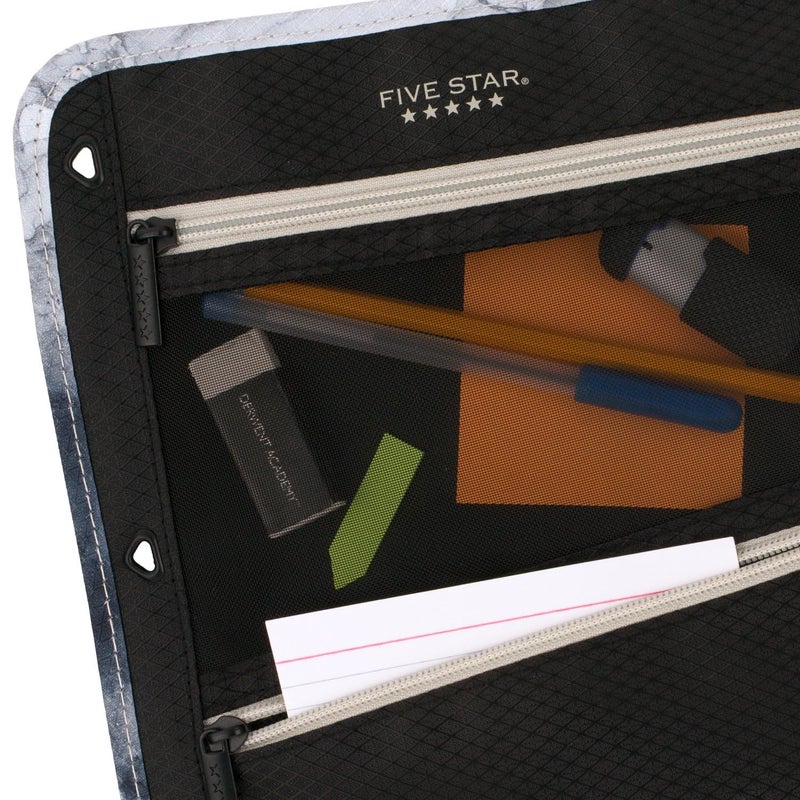 Five Star Pencil Pouch, Pen Case, Storage Organizer for Classroom Supplies Earbuds Chargers Cables Makeup, 3-Pocket, Fits 3 Ring Binder, Black/Grey (506420A-ECM) - Image 3